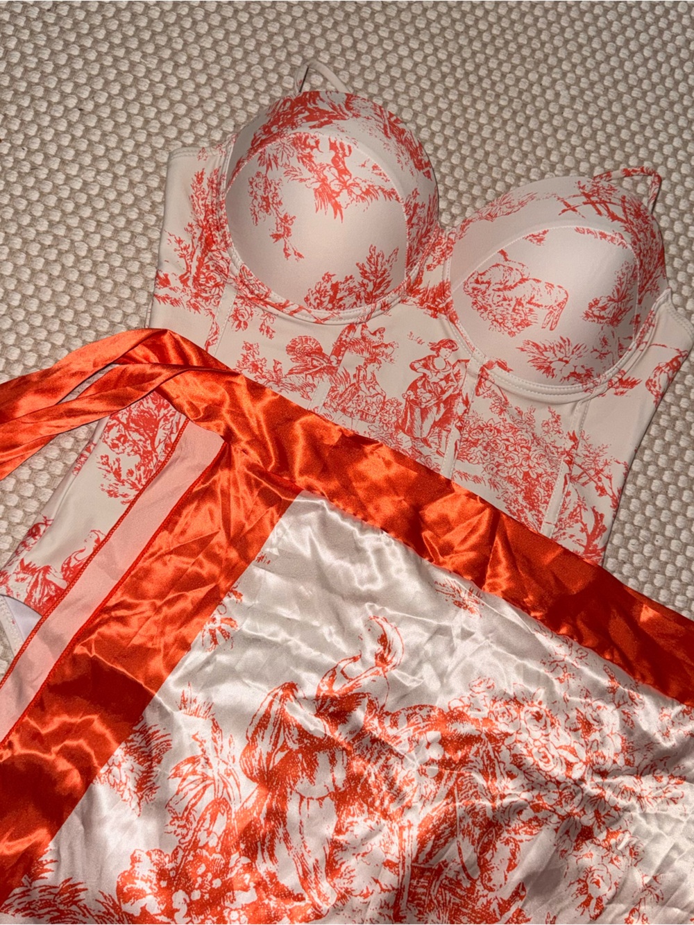 Women’s Cream & Coral Toile One-Piece Bustier Swimsuit SET